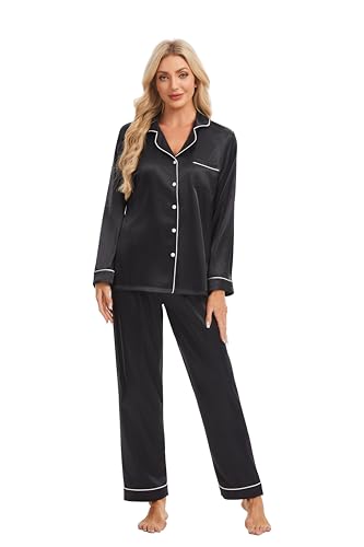 Devirld Women's Classic Long Sleeve Satin Pajamas Set Button Down Silky Sleepwear 2 Piece Lounge Set Pj Set with Notch Collar Black - image 4
