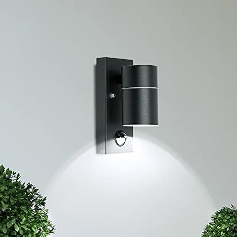 Unikcst Outdoor Wall Lights Mains Powered PIR Motion Sensor IP44 Black Outside Wall Lights for Patio Front Door Porch - Incl. 1X 5W GU10 LED Cool White Bulb Cover