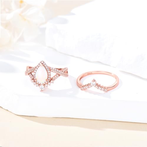 Genuine Opal Engagement Rings for Women 1.5ct Pear Shaped Opal Ring Set 925 Sterling Silver Rose Gold Wedding Ring Set Vintage Halo Infinity 2pcs Anniversary Promise Ring For Her2
