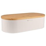 KARL HAUSMANN Boîte à Pain Blanche en Métal avec Couvercle en Bambou - Garde le pain frais plus longtemps | Grande Huche a Pain pour cuisine et plan de travail | 2en1 planche à découper et ventilation