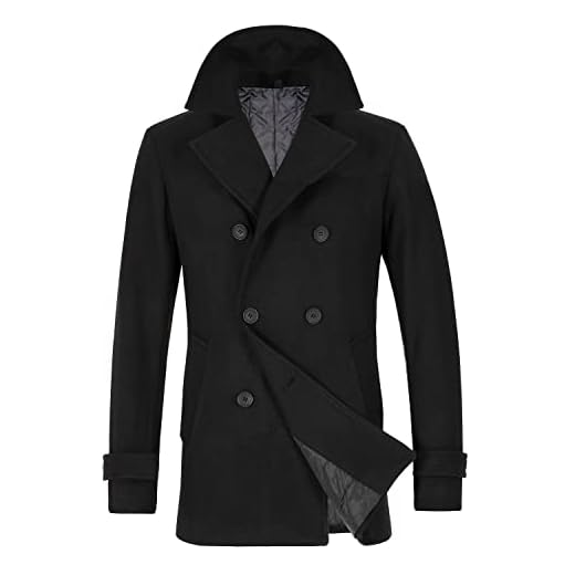 Lisskolo Men's Woolen Coat Slim Fit Winter Warm Pea Coat Wool Outwear Jacket Black XS