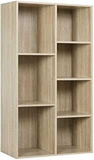 WOLTU 4-Tier Wooden Bookcase Book Display Shelves Storage Cloth Organizer Cube Shelves, 7 Cubes, Oak Rack for Office, Living Room, Bedroom, Study Room Shelves SK004hei-UK