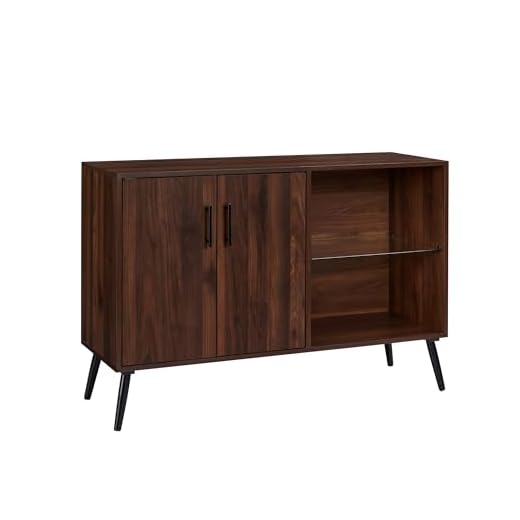 Walker Edison Theo Mid Century Modern 2 Door Asymmetrical Glass Shelf Buffet, 44 Inch, Dark Walnut