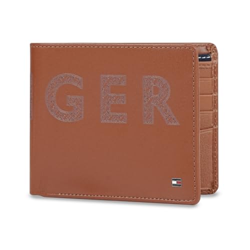Image of Tommy Hilfiger Men's Leather Wallet Anapolis | Printed Tan Passcase Bi-Fold with 12 Card Slots, Coin Pocket | Stylish Purse for Gents