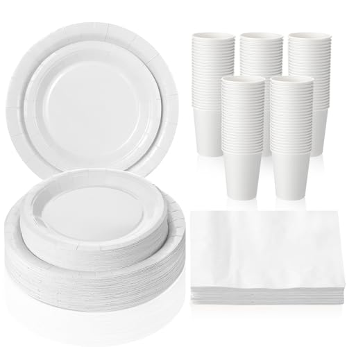 Tioncy 200 Pcs Sandy White Disposable Paper Plates Cups Napkins