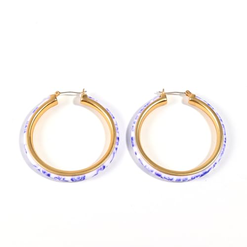 Blue and White Porcelain Hoop Earrings for Women 18k Gold Plated Silver Needle Vintage Big Round Earrings Chinese Style Unique Personalized Drop Hoop Earrings Jewelry