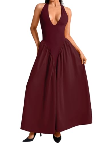 Image of ChiaoLezhee Deep V Neck Dress, Halter Maxi Dresses, Vacation Date Night, Sexy for Women Corset Flowy Wedding Guest Drop Waist