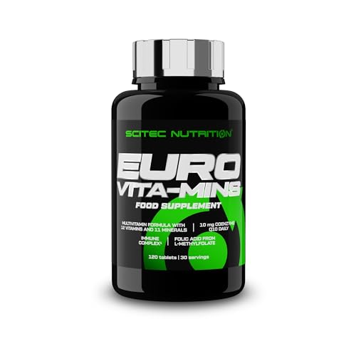 Scitec Nutrition Euro Vita-Mins, fórmula multivitamínica y mineral de alta potencia con vitamina C, B2, zinc, selenio y CoQ10, aumenta la inmunidad, la energía y la vitalidad, 120 comprimidos