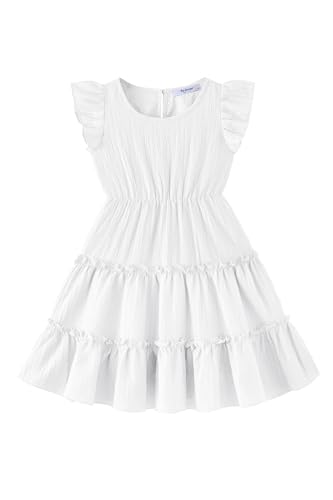 Arshiner Toddler Girls White Dress Ruffle Sleeveless Tiered Swing Twirly Dresses Cute Summer Beach Sundress Size 5-6