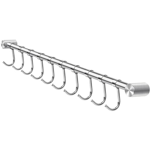 Jesustree Barre de Suspension de Cuisine en Acier Inoxydable, 53 cm Barre Murale Cuisine Support Ustensile à suspendre Rack avec 10 Crochets Amovibles pour...