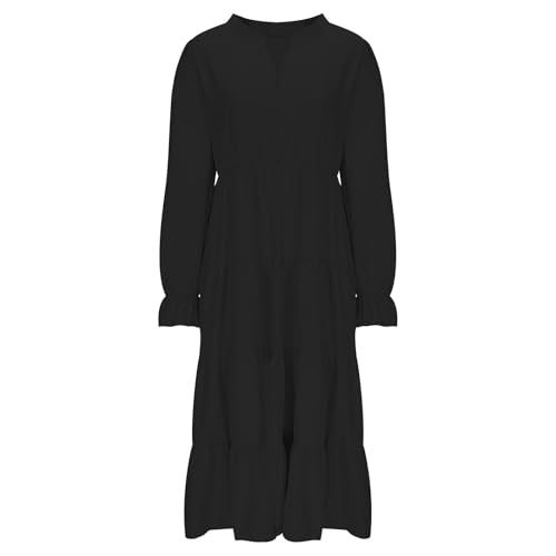 Borniu Women\'s Casual V Neck Long Sleeve Smocked High Waist Ruffle A Line Tiered Mini Dress Elegant Pleated Dresses Black
