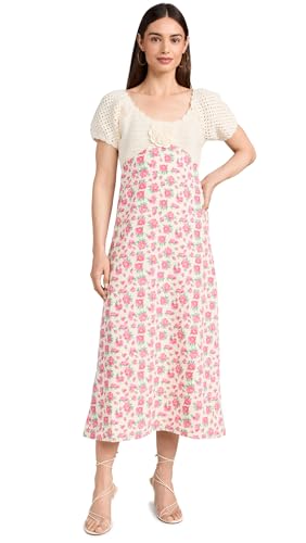English Factory Crochet Floral Maxi Dress, White/Pink, M