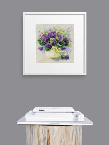 Image of RIOLIS - Violets in a Pot 2091, Cross Stitch Kits 8 inch x 8 inch, Cross Stitch Kits for Adults, Floral Counted Cross Stitch Kits, Embroidery Kit for Beginners & Advanced, Crossstitching Kits