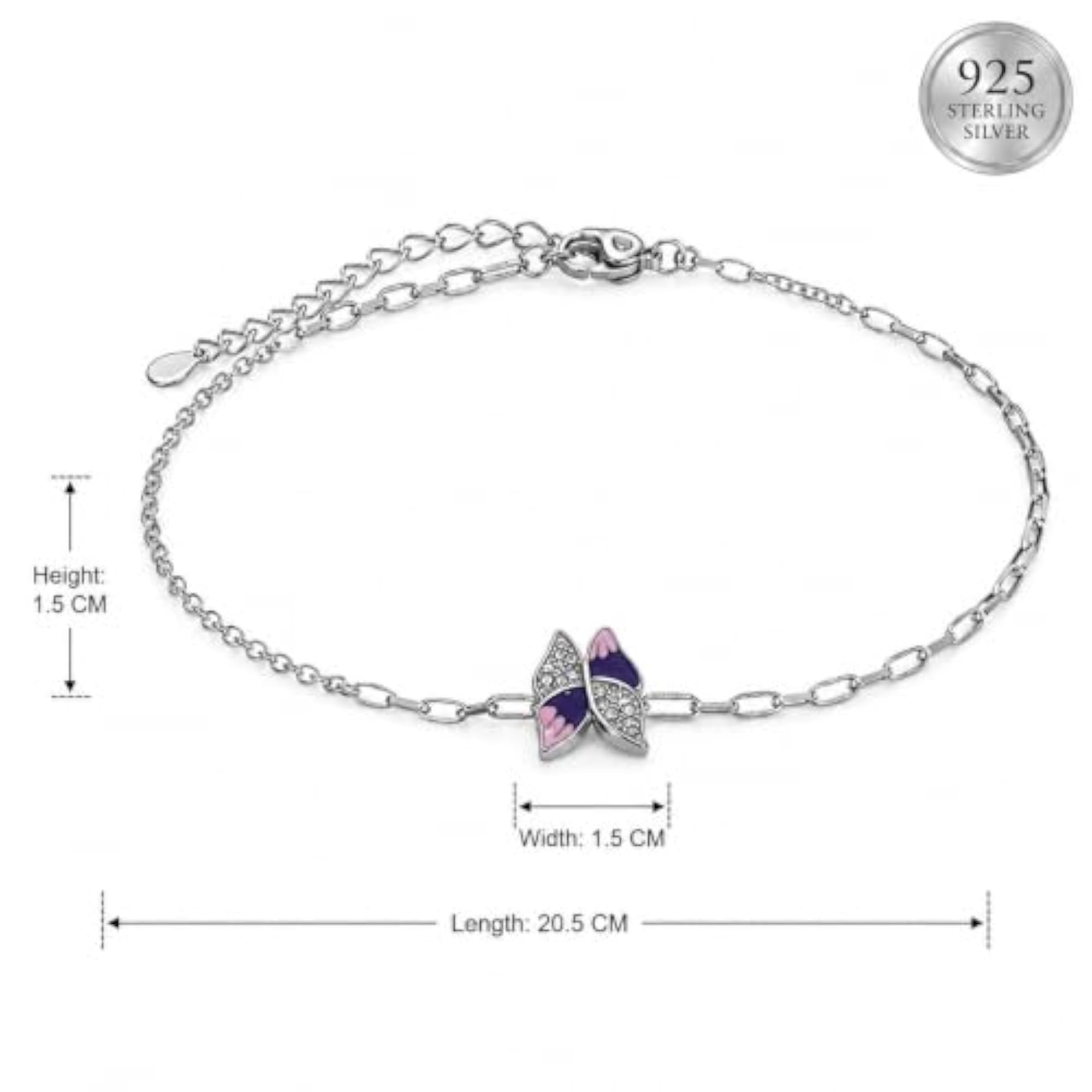 Women's 925 Sterling Silver Butterfly Bracelet with Iridescent Shell-Effect Charm