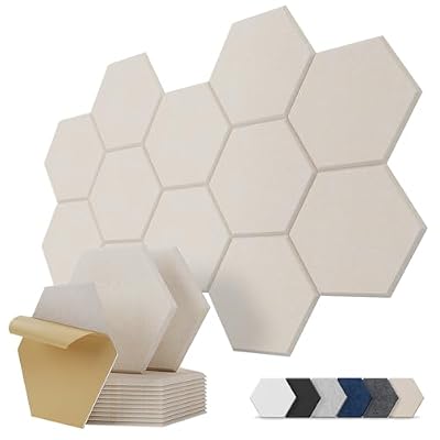 Hexagon Acoustic Wall Panels Self-Adhesive, 12 Pack Sound Absorbing Tiles for Walls & Doors, Decorative Peel & Stick Interior Panel for Studio, Home Office, Gaming Room, 12"x10"x0.4", Beige