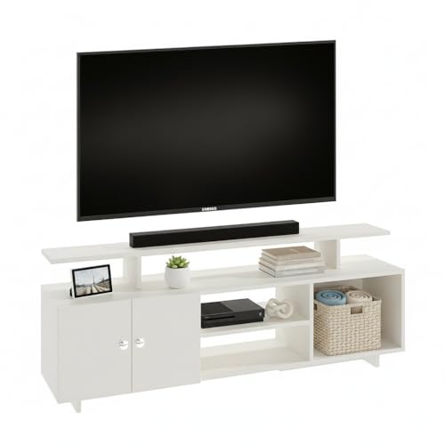 Image of FURNEASER Eskido Engineered Wood TV Entertainment Unit, Floor Standing TV Cabinet with Storage Shelves for Living Room, TV Stand for 32,43,50 & 55 Inch TV (Exotic Teak & White) (White)