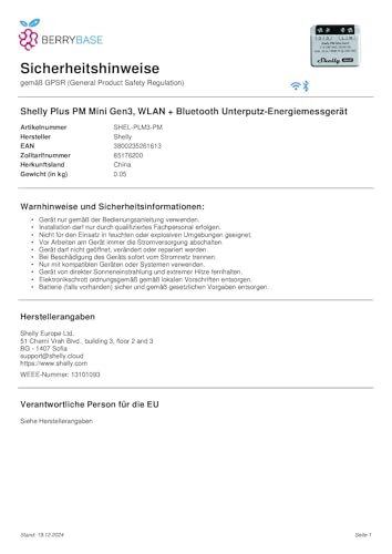 Shelly Plus PM Mini Gen 3 Kabelloser WLAN-Schalter, Bluetooth