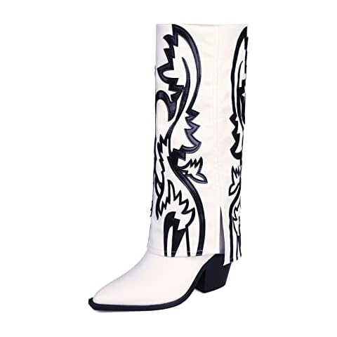 Dsevht Women's Cowboy Boots Pointed Toe Wide Calf Block Chunky Heel Fashion Embroidered Black Textured Modern Western Cowgirl Knee High Boots Pull on, White, 8 UK Cover