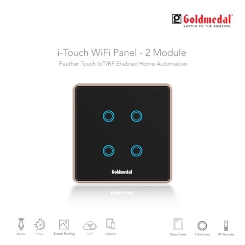 Image of Goldmedal 2 Module I-Touch 1 Way Wi-Fi 4 Switch With Glass Plate - Titanium Grey | Pack Of 1 | Suitable For 2 Module Junction Box | No Additional Cover Plate Required, 240 Volts