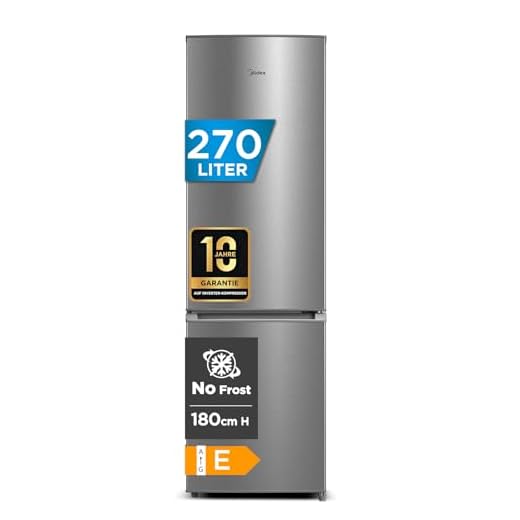 Midea Kühlschrank mit Gefrierfach MERB276FGE02A | 270L Kühl-Gefrierkombination (199L + 71L) | No Frost, All-Around Cooling | Doppelte Steuerung & Digital Control | Super-Kühl, LED | 180 cm, Edelstahl