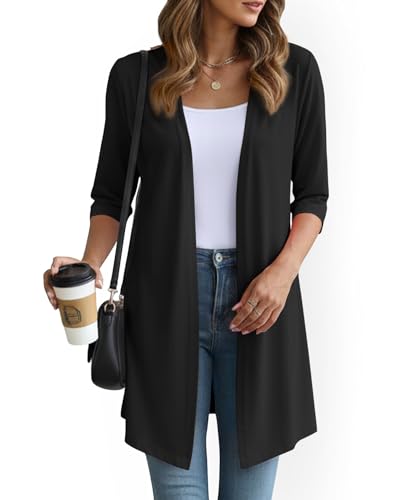 YSYOKOW Womens Open Front Long Cardigan 3/4 Sleeve Lightweight Knit Cardigan Casual Layering Spring Summer - Black, XX-Large