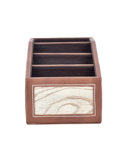 Image of Premsons Classic Remote Holder - 4 Section Tabletop Organizer in Light Brown | Faux Leather with Refined Wooden Finish | Decorative & Practical Organizer - Brown