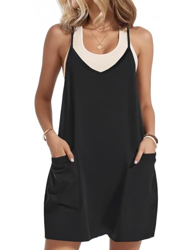Zeagoo Womens Strappy Summer Dress Sleeveless V Neck Shift Dresses Casual Short Spaghetti Strap Dress Plain Beach Dresses with Pockets Black XL