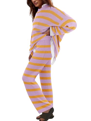 Image of LAMISSCHE Oversized Womens Lounge Set Striped Sweater Set Long Sleeve 2 Piece Pajama Set Top and Pants with Pockets