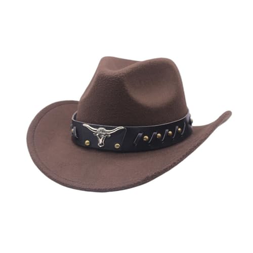 Generisch 2025 Sombrero de Vaquero de Denim Curvo de Lana con Ala Ancha Estilo Jazz Británico para Otoño e Invierno, Botas de Cowboy a Media Pantorrilla para Hombre, café, Talla única