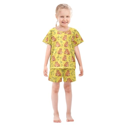 ALAZA Cartoon Capybaras Yellow Pajamas Set Short Sleeve Cotton Sleepwear Summer Pjs 2 Piece 5-14Y3