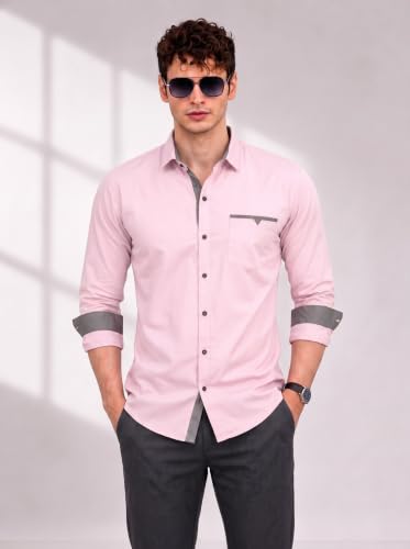 Image of Diverse Men's Cotton Shirt for Men | Regular Fit Full Sleeve Solid Casual Shirt with Spread Collar, Stylish Pocket Design, Standard Length | Formal Office Wear