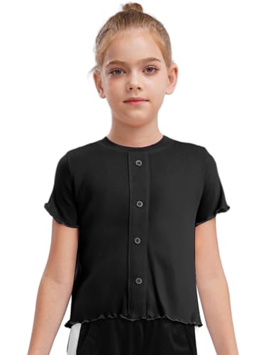 Kids Girls Crew Neck Short Sleeve Tee Shirts Lettuce Hem Tops Casual Summer Button Front Solid Color Blouse