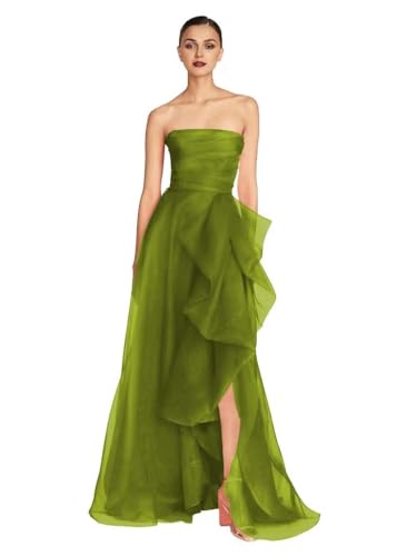 Laces Tulle Prom Dress for Women Ruched A Line Ruffle Evening Dress Strapless Sleeveless Slit Formal Party Gown