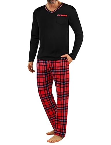 Demegimi Schlafanzug Herren Lang Baumwolle Pyjama Zweiteiler mit V-Ausschnitt & Karohose für Herbst und Winter,Schwarz,S