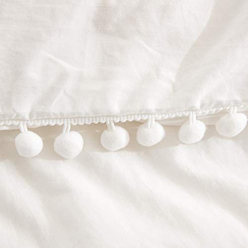 WONGS BEDDING Single Duvet Cover Set Fringed Pompom White Bedding Set including 1 Pillowcase Soft Cozy Microfiber Zipper Closure Tassels Duvet Cover for All Season(135x200cm) - Image 4