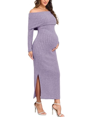 CYCLAMEN Off-Shoulder Maternity Sweater Dress Rib Knit Long Sleeve Dresses with Side Slit Pregnancy Clothes Baby Shower, Pale Purple, L
