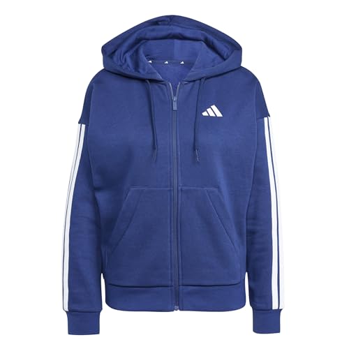 adidas Women's ESSENTIALS 3-STRIPES FULL-ZIP FLEECE HOODIE, dark blue/white, XS