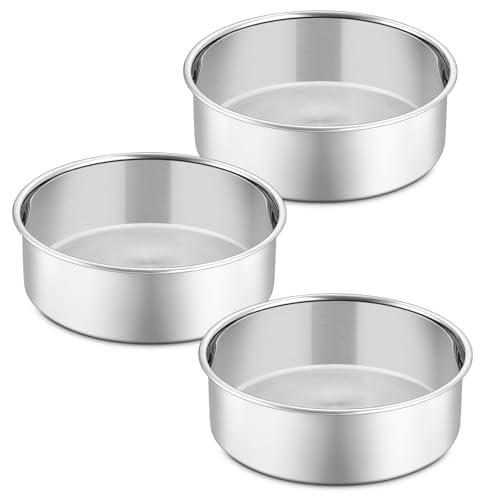 Image of P&P CHEF 5 Inch Round Cake Pan Set of 3, Stainless Steel Round Baking Layer Pans Bakeware for Layer Birthday Cake, Fit Oven/Pots/Pressure Cooker, Leakproof & Dishwasher Safe, Silver
