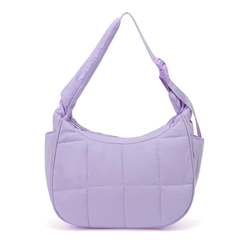 Image of Small Puffer Crescent Underarm Shoulder Bag for Women, Nylon Quilted Purses Handbags with Adjustable Strap, Purple