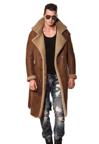 Image of Worlem Long Sheepskin Coats Mens - Real Leather Warm Faux Shearling Duffle Coats for Extreme and Harsh Winters