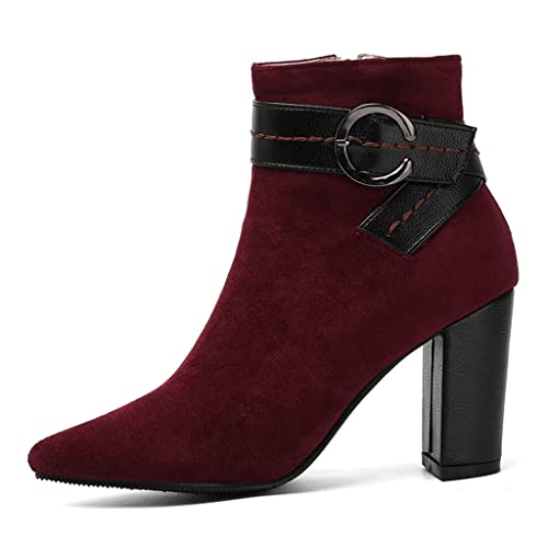 MIOKE Women's Round Toe Dressy Ankle Boots Casual Buckle Zipper Chunky Block Mid Heel Dressy Short Booties2