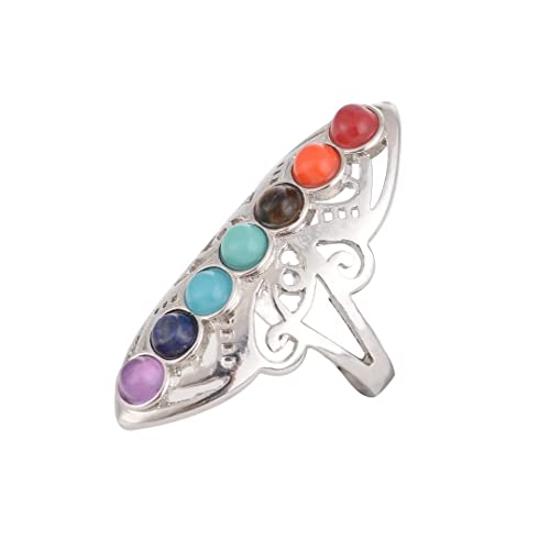 925 Sterling Silver Healing Hollow Stone Adjustable 7 Chakra Ring Aura Gemstone Ring 7 Chakra Religion Healing Balance Stone Rings Bracelet Color Chakra Healing Style Female Ring