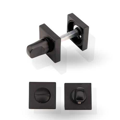 AZERODESIGN-Cerradura Puerta Interior-Cerraduras Puertas-Pestillo Puerta-Muletilla y Desbloqueo-Color Negro-Cierre de Condena para Puertas de Madera Interior-Base Cuadrada de 35MM con Desbloqueo