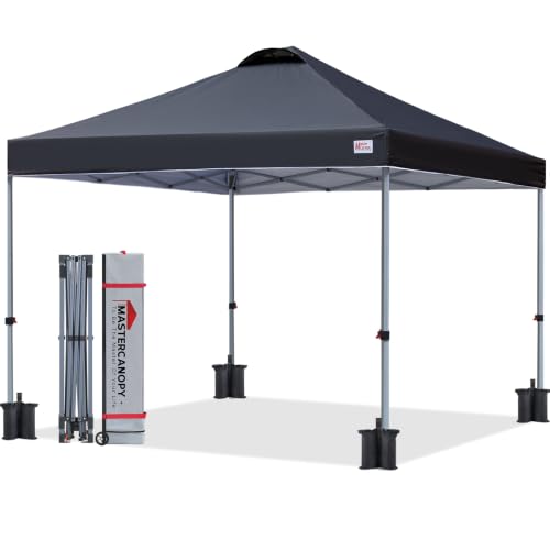 MASTERCANOPY 10×10 Pop Up Canopy Tent, 1 Person Setup Instant Shelter,Outdoor Portable Beach Canopy with Roller Bag, 4 Sandbags, 4 Ropes, 8 Stakes (10×10, Black)