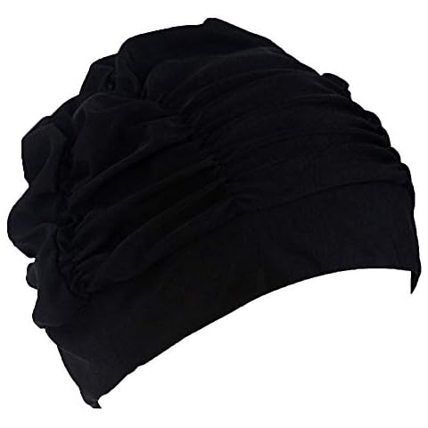 LEFV Swimming Cap Long Hair Swim Hat Elastic Cloth Caps Non-Waterproof (Black 1) Cover