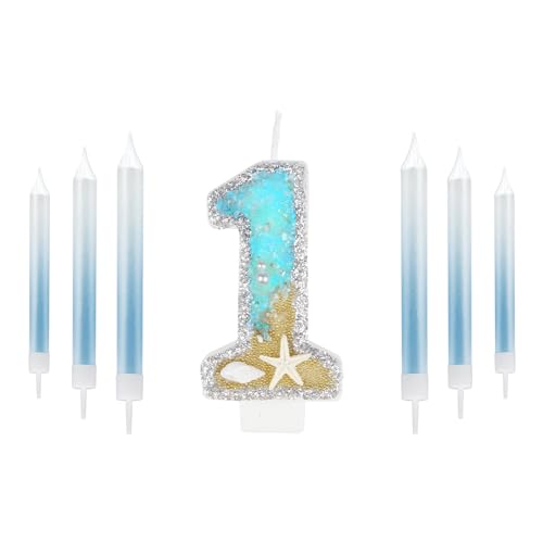 Blau 1st Geburtstag Kerzen,Blau Gold Nummer 1st für Kuchen, Mädchen Jungen 1st Geburtstag Dekorationen, Silbermuschel Pailletten Geburtstagskerzen, Meerjungfrau Themed Geburtstag Dekorationen