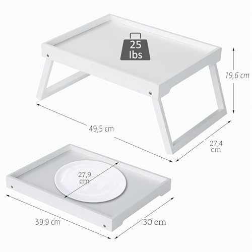 Betttablett Tisch mit klappbaren Beinen, Bambus Frühstück im Bett Essen, Servieren oder Verwendung als Serviertablett, Laptop-Schreibtisch, Snack-Tablett (Weiß)