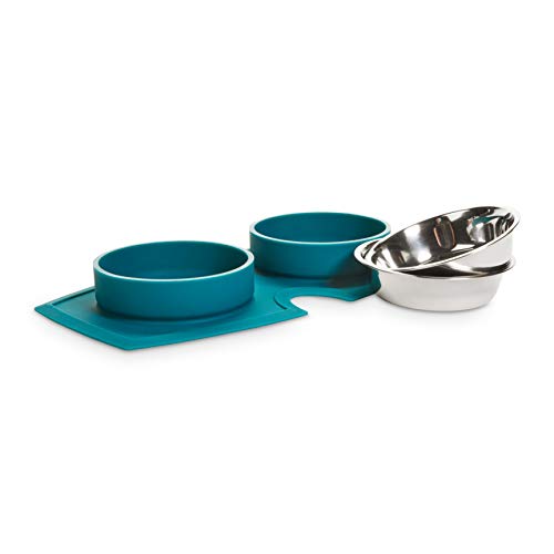 EveryYay by Petco Silicone Double Diner Stainless Steel Dog Bowl Set Teal 2 Cups