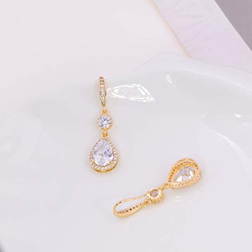 Bridal Jewelry Set For Wedding - 18K Gold Plated Sterling Silver Teardrop Cubic Zirconia Crystal Drop Earrings And Necklace Set For Bride Bridesmaids Mother Of Bride Prom Party #TOP4