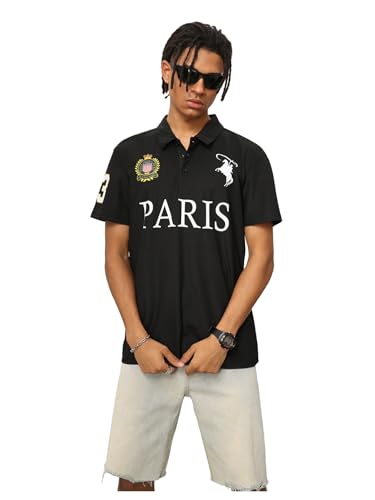 VIPWOLF Men's Letter Graphic Short Sleeve Golf Shirts Summer Collared Button Front Tennis Shirt Black X-Large